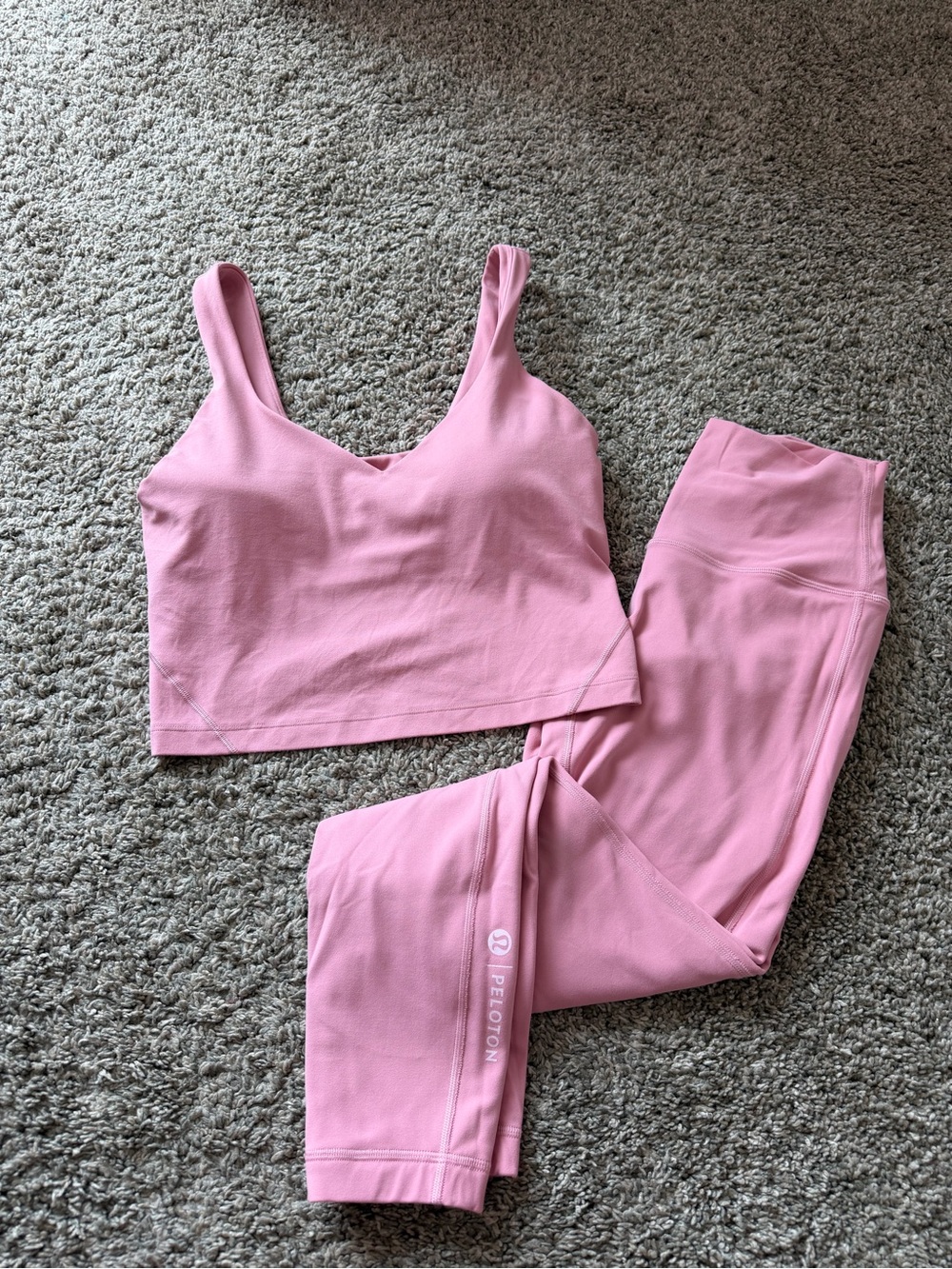 Peloton Light Pink Ribbed V-Neck Sports Bra and High-Rise Leggings